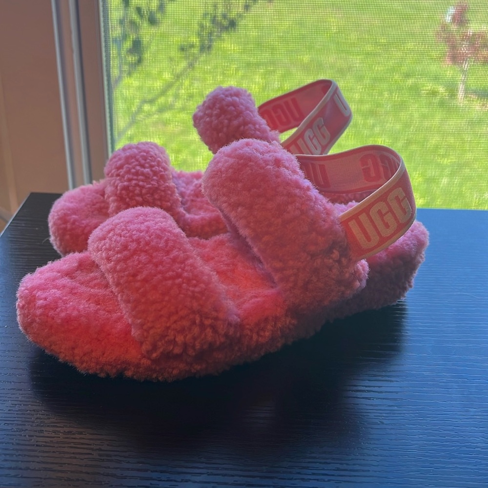 Ugg oh yeah fluffy sheepskin wedge slip on heel strap slippers pink size 5
